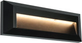 Black rectangular outdoor light fixture with a warm glow on a white background